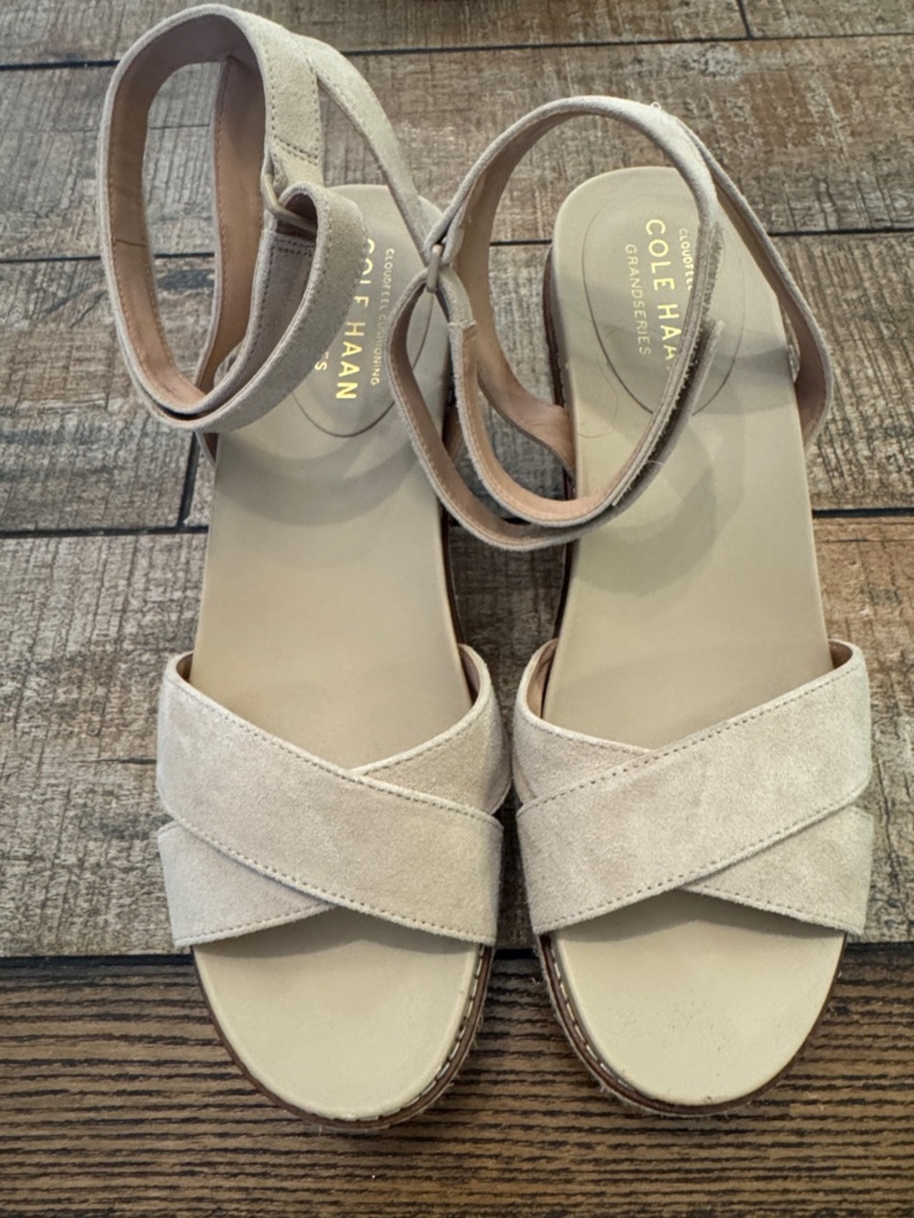 Cole Haan Beige Suede Crisscross Ankle-Strap Sandals